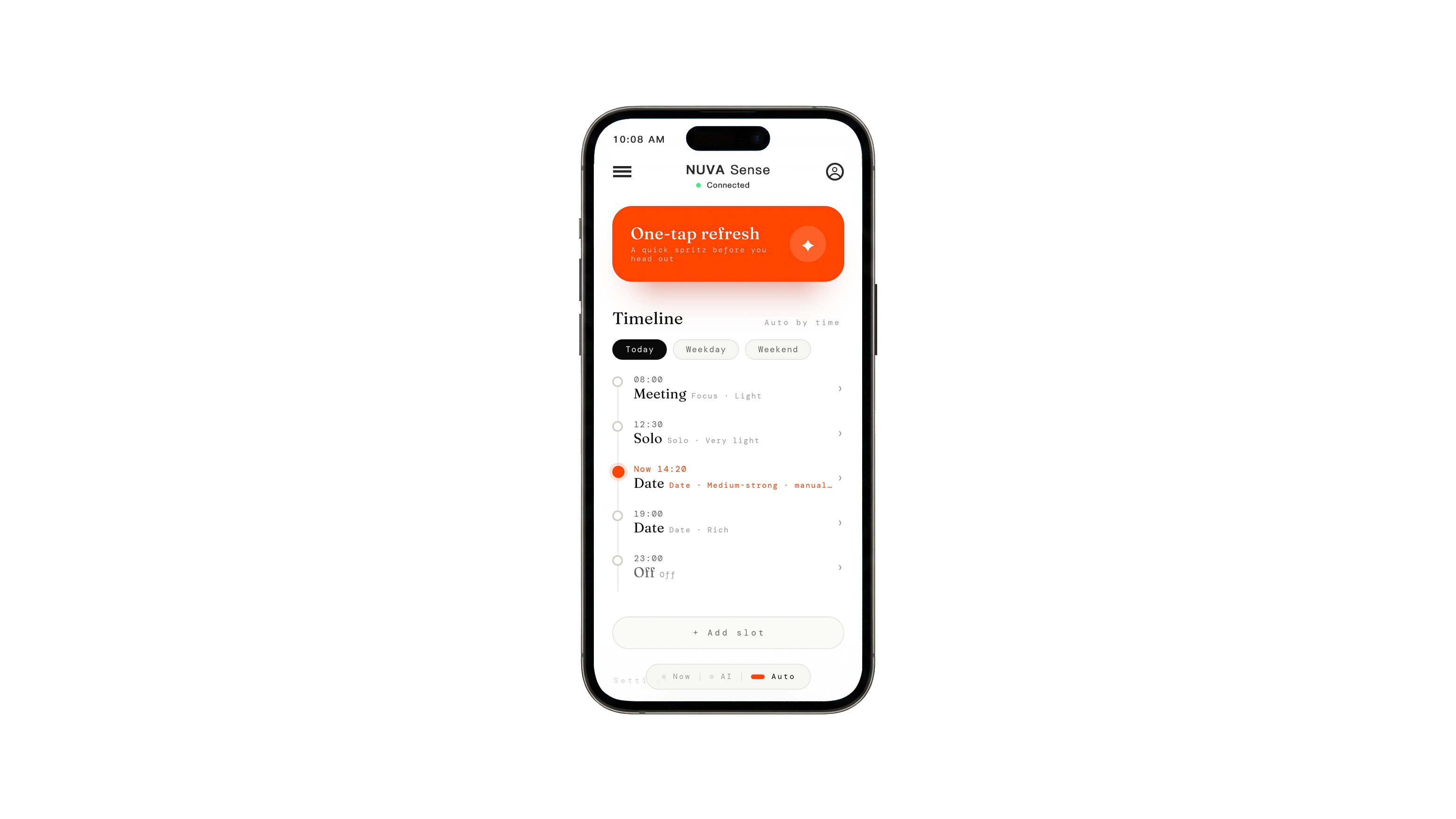 NUVA app timeline showing scent schedules and an automatic release mode.