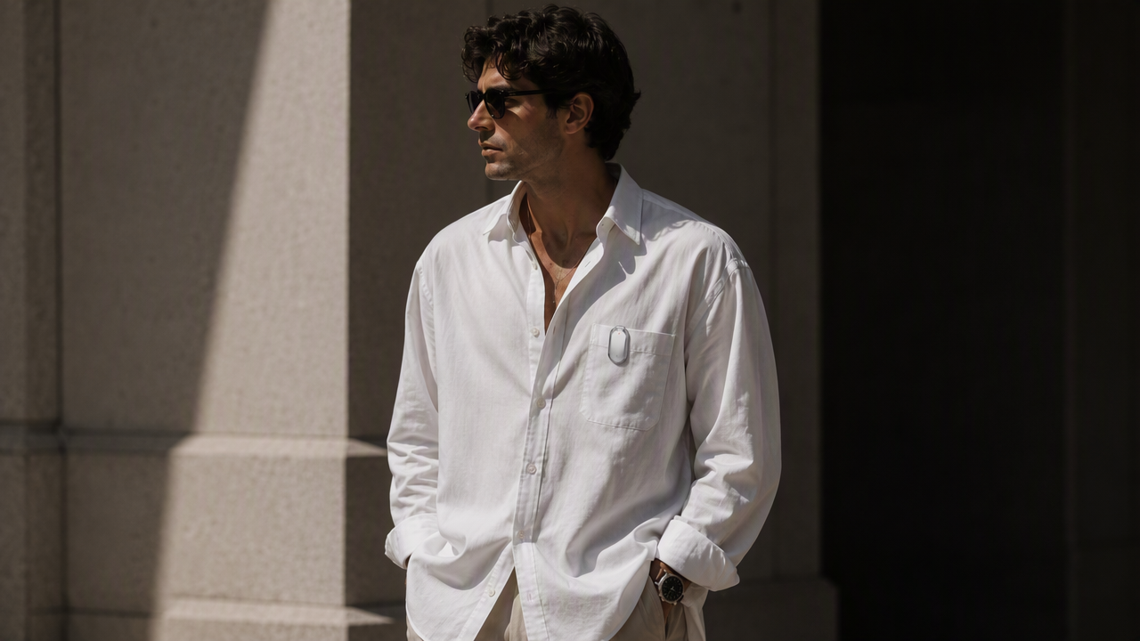 NUVA clipped to a white shirt during a day out.